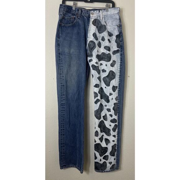 Vtg Levi's 501 Button Fly Blue Denim Jeans Rare Black And White Painted 34×34 - Picture 1 of 16